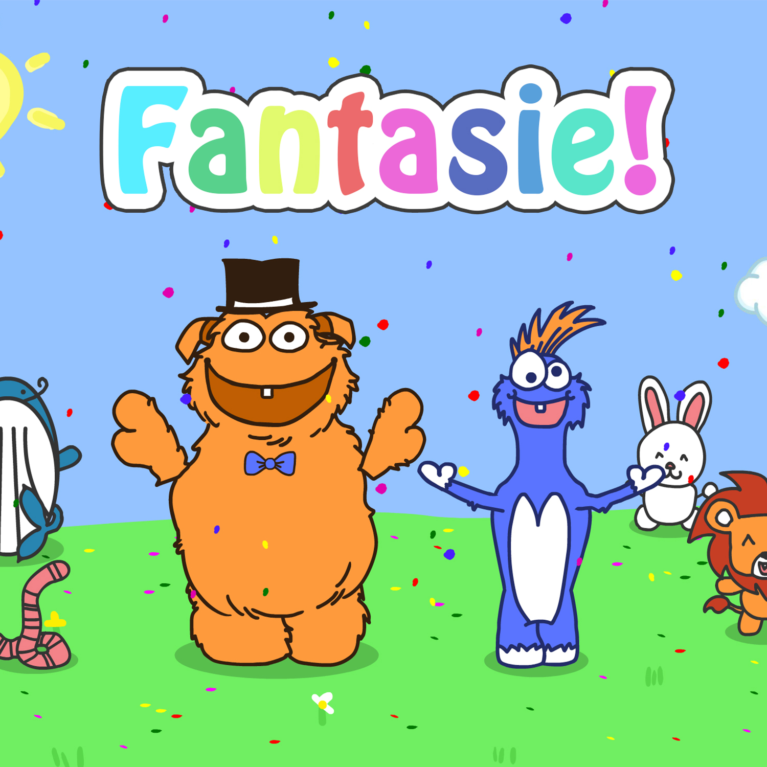 Cover der Single "Fantasie" von Bibb & Bubb: Freundliche und flauschige Monster tanzen mit Tieren einer kunterbunten Welt und Konfetti fällt vom Himmel.